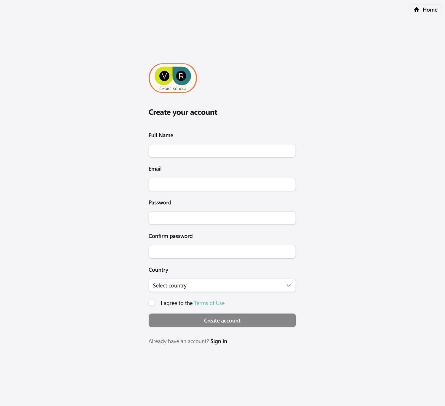 Sign up form to create a VR smoke school account. Image showing the sign up form for a free VR smoke school account.
