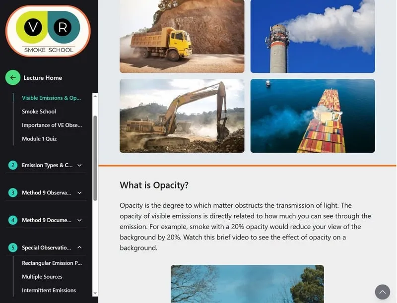 Screenshot from the VR Smoke School online lecture. An image depicting a page from the VR Smoke School online lecture course.